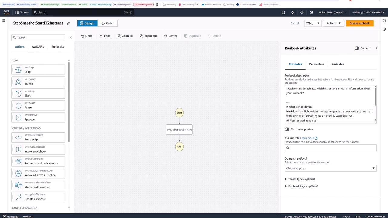 The image shows an AWS Management Console interface for creating a runbook in AWS Systems Manager. It features a flowchart with "Start" and "End" nodes and a sidebar with various actions and scripting options.