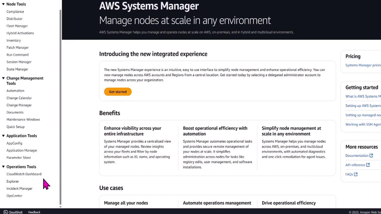 The image shows a webpage for AWS Systems Manager, highlighting features and benefits for managing nodes at scale. It includes navigation options on the left and sections for benefits, use cases, and resources.
