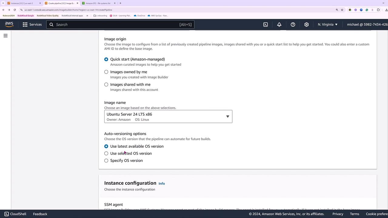 The image shows an AWS console interface for configuring an image, with options for selecting the image origin, image name, and auto-versioning options. The selected image is "Ubuntu Server 24 LTS x86."