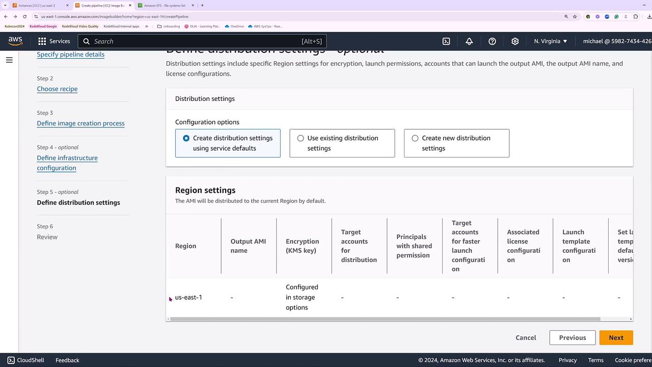The image shows an AWS console interface for defining distribution settings, with options to create, use existing, or create new distribution settings, and a table for region settings.