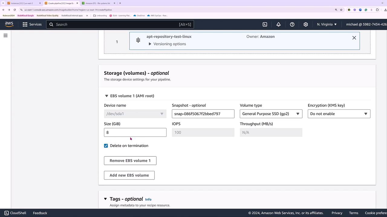 The image shows an AWS console interface for configuring storage volumes, specifically an EBS volume with options for device name, size, snapshot, volume type, and encryption settings.