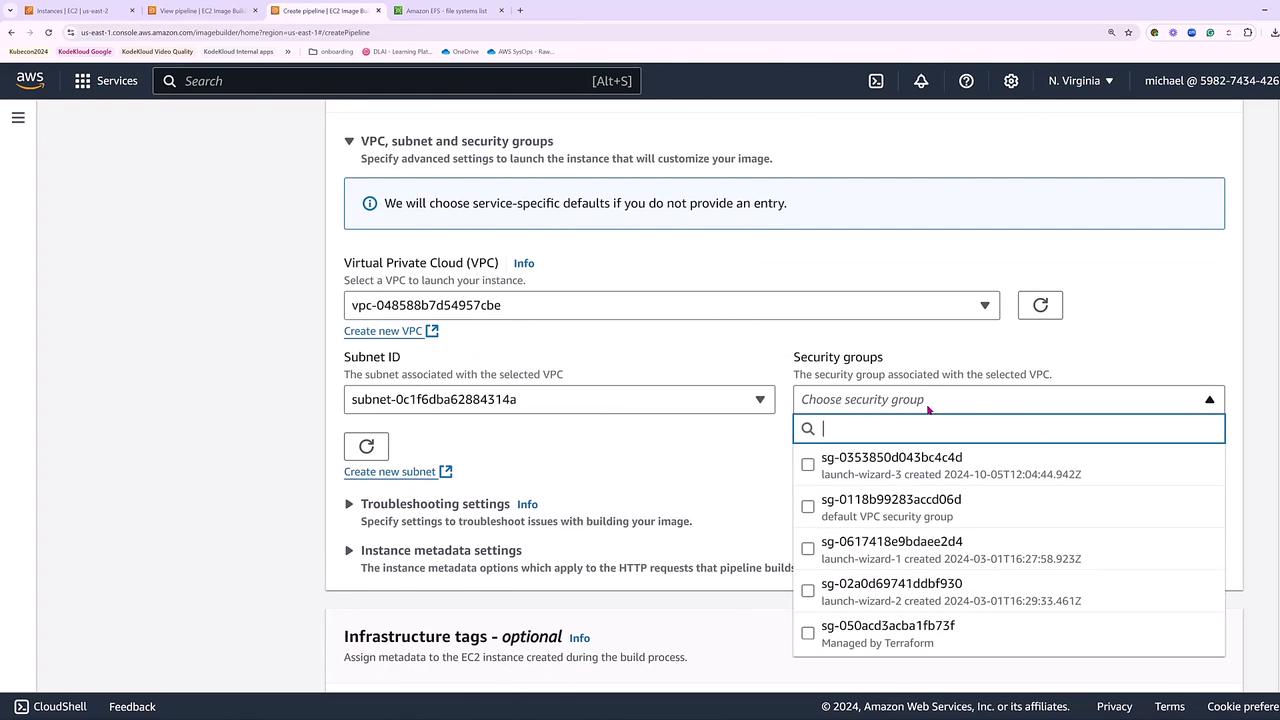 The image shows an AWS console interface for configuring VPC, subnet, and security groups for an EC2 instance. It includes options to select a Virtual Private Cloud (VPC), Subnet ID, and choose security groups.