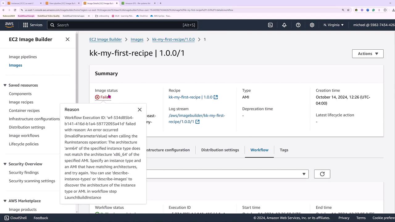 The image shows an AWS EC2 Image Builder interface with a failed image status due to an architecture mismatch error. A pop-up explains the error, indicating a discrepancy between the instance type architecture and the AMI architecture.
