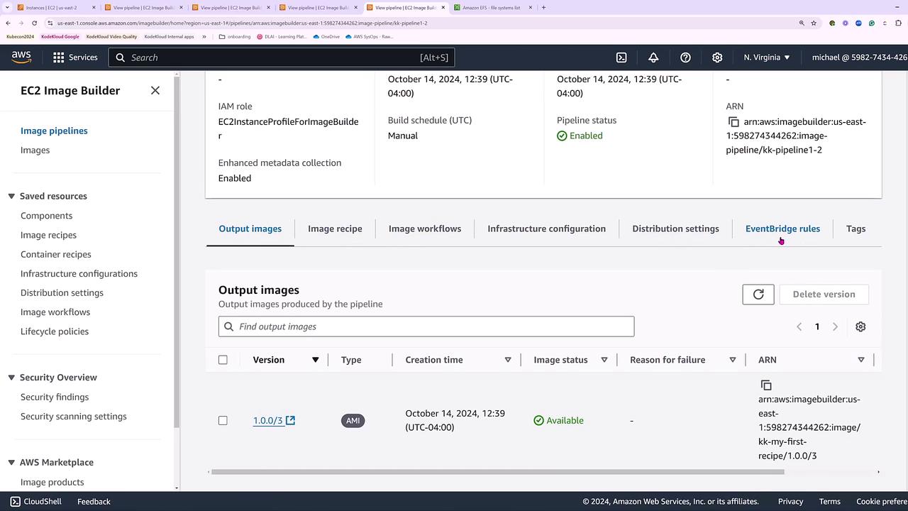 The image shows an AWS EC2 Image Builder interface with details about an image pipeline, including output images and their status. The pipeline is enabled, and an AMI version is available.