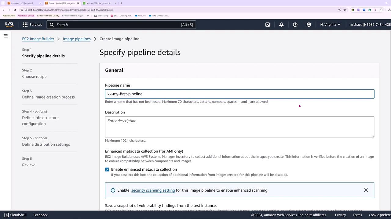 The image shows an AWS EC2 Image Builder interface where a user is specifying pipeline details, including the pipeline name and description. Options for enhanced metadata collection and security scanning settings are also visible.