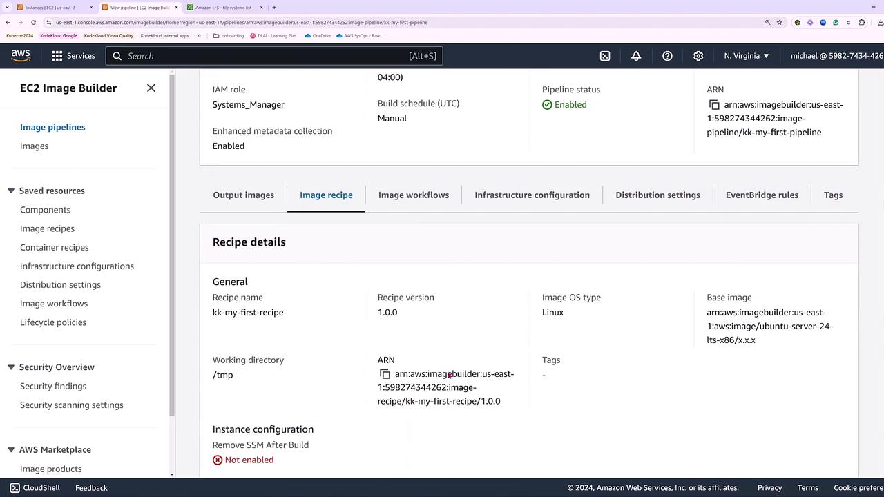 The image shows an AWS EC2 Image Builder interface displaying details of an image recipe, including the recipe name, version, and base image information.