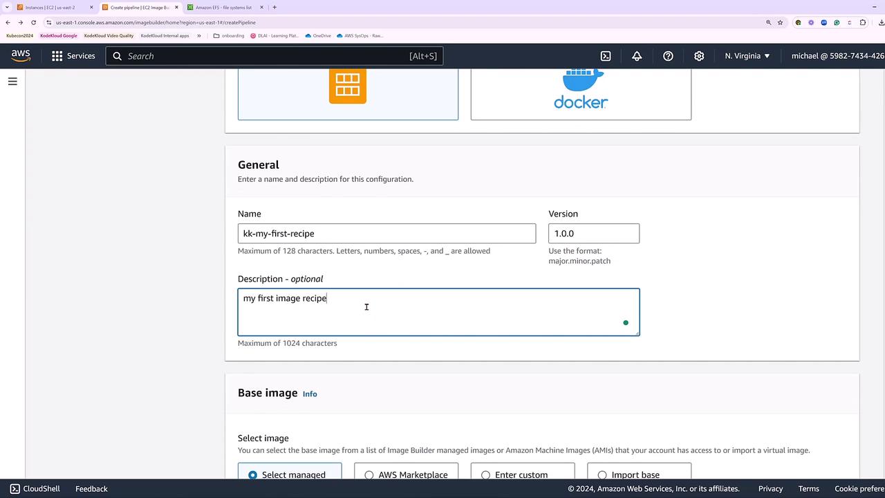 The image shows an AWS console screen where a user is configuring an EC2 Image Builder recipe, including fields for name, version, and description.