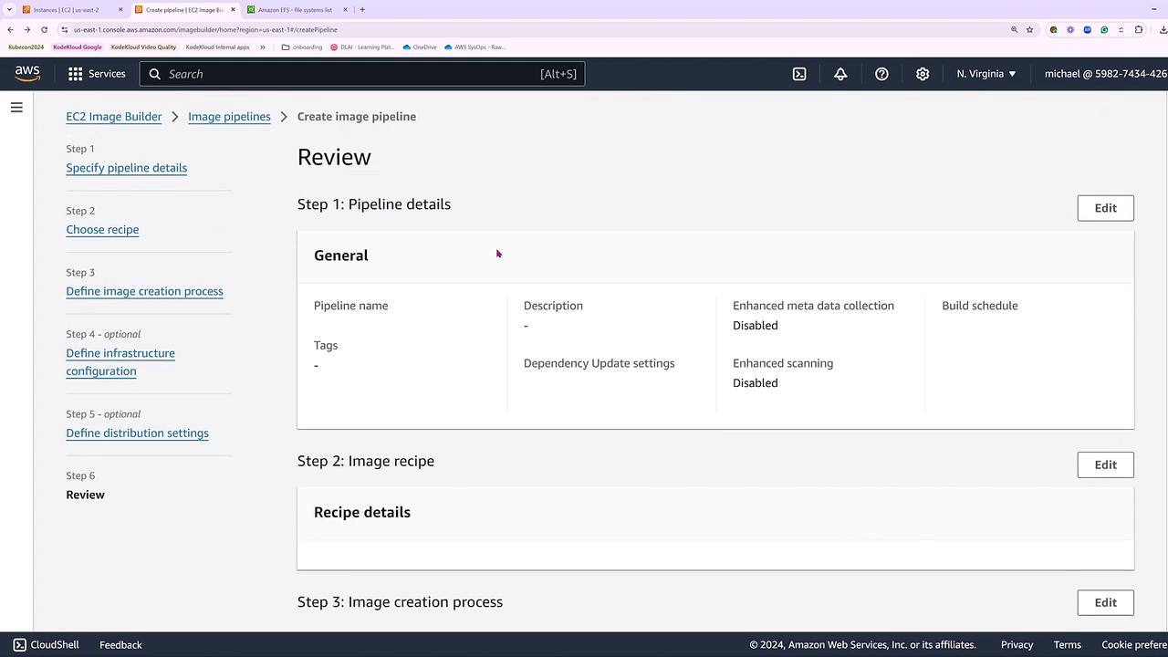 The image shows an AWS EC2 Image Builder interface, specifically the review page for creating an image pipeline, detailing steps like pipeline details, image recipe, and image creation process.