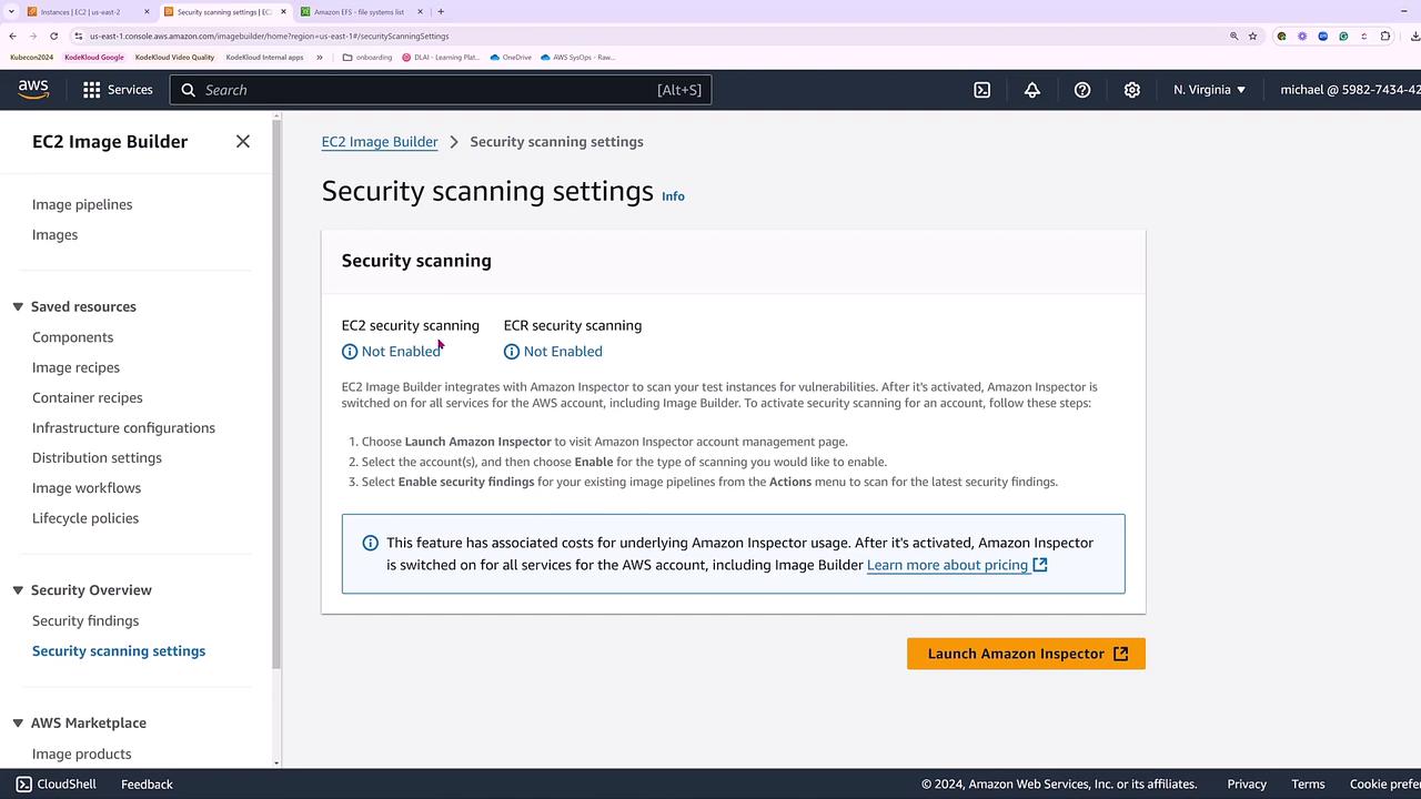 The image shows the "Security scanning settings" page in AWS EC2 Image Builder, indicating that both EC2 and ECR security scanning are not enabled. There are instructions for activating Amazon Inspector for security scanning.
