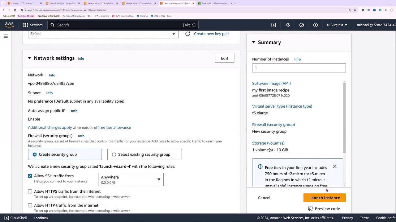 The image shows an AWS EC2 instance launch configuration screen, detailing network settings and a summary of the instance specifications, including the software image, server type, and security group options.