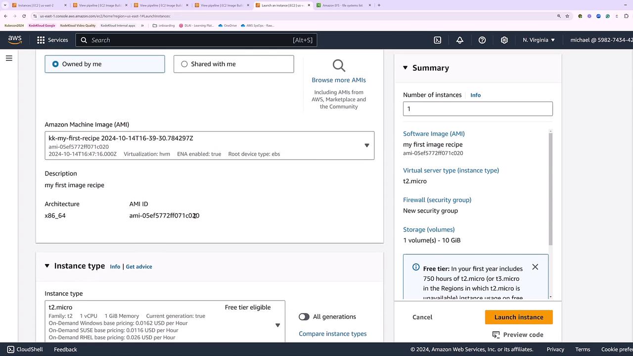 The image shows an AWS EC2 console screen where a user is preparing to launch an instance using a specific Amazon Machine Image (AMI) with details like instance type, security group, and storage volume.