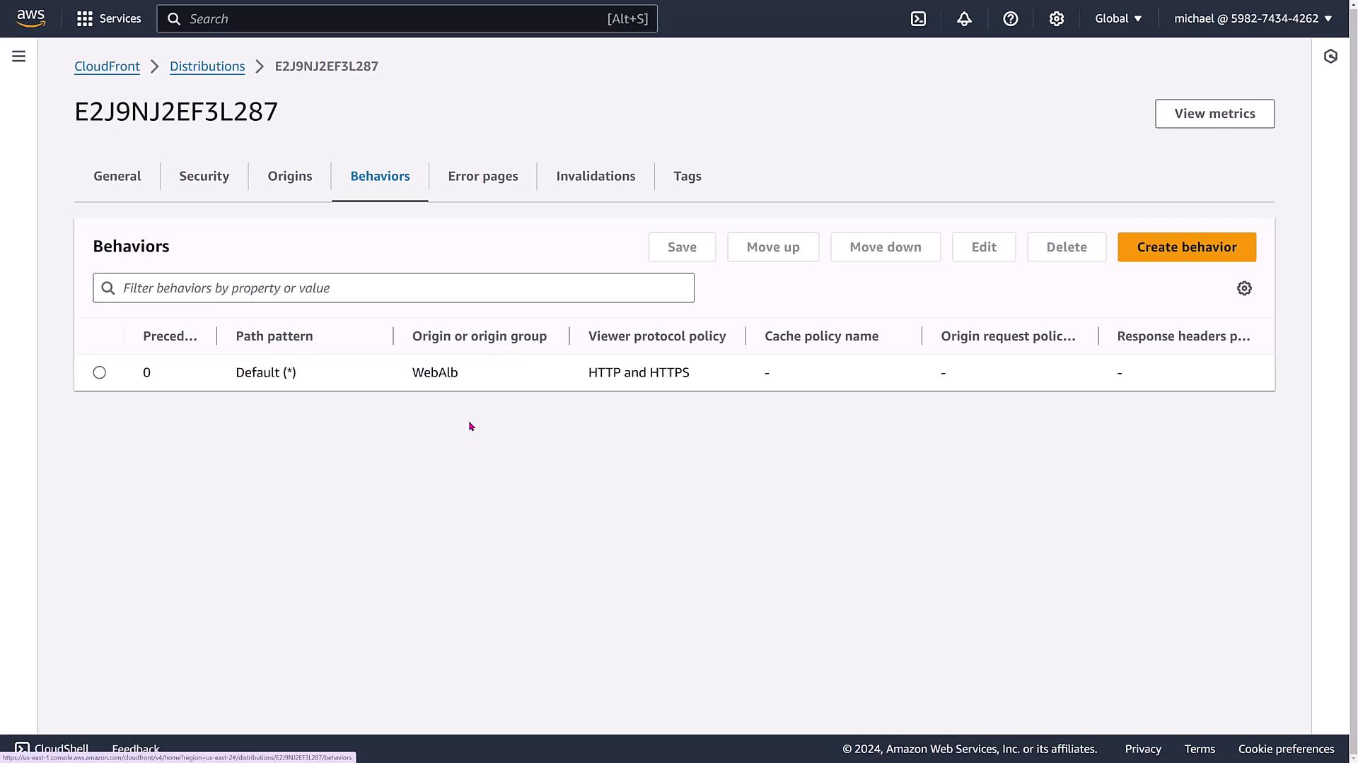 The image shows an AWS CloudFront distribution settings page, specifically the "Behaviors" tab, displaying a default behavior with settings for path pattern, origin, and protocol policy.