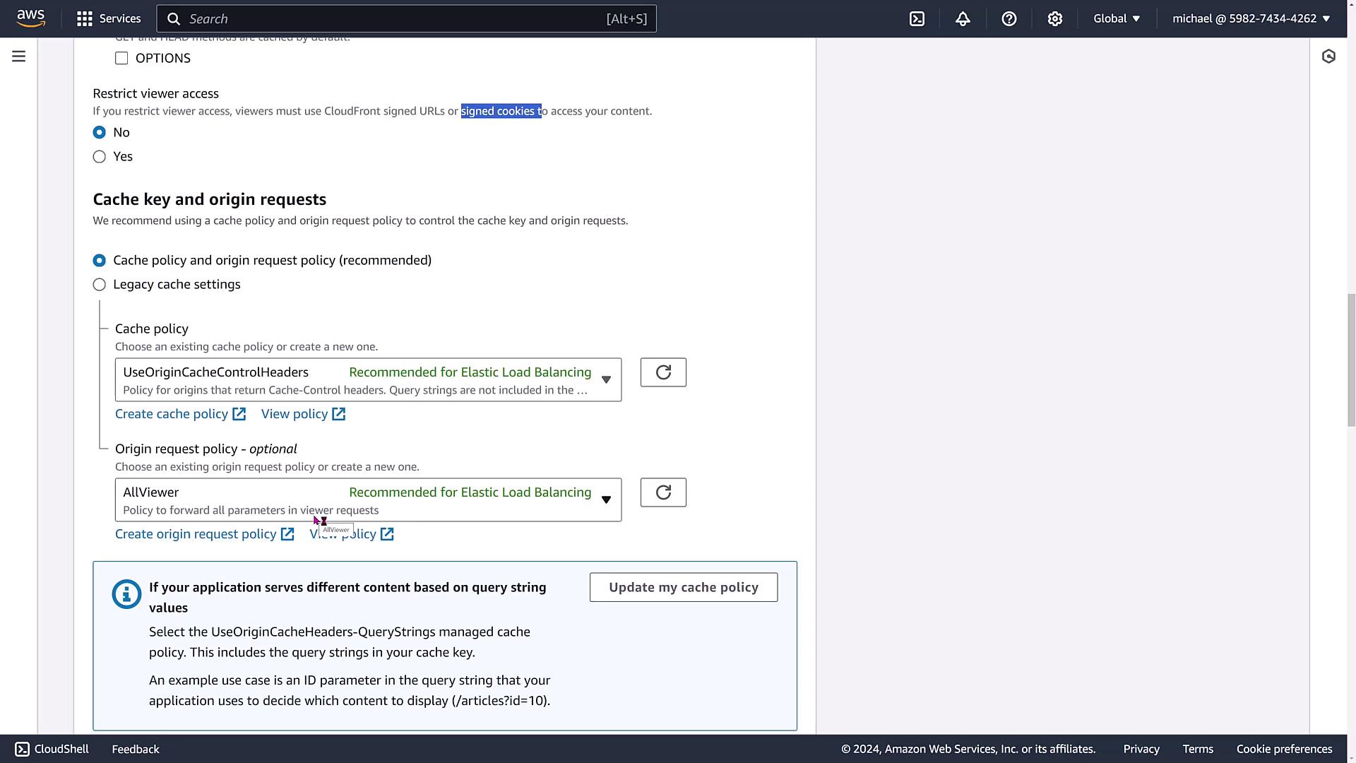 The image shows a section of the AWS CloudFront console, specifically focusing on cache key and origin request settings, with options for cache policy and origin request policy.