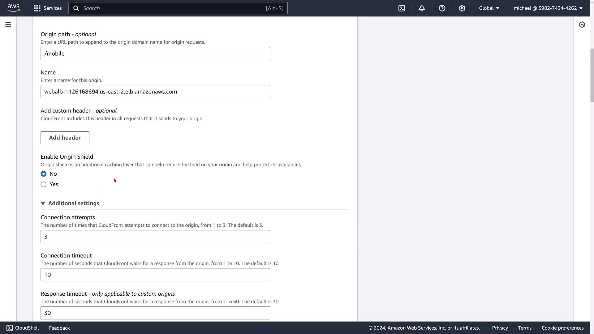 The image shows an AWS CloudFront configuration screen where settings for an origin path, name, and additional options like enabling Origin Shield and connection attempts are being configured.