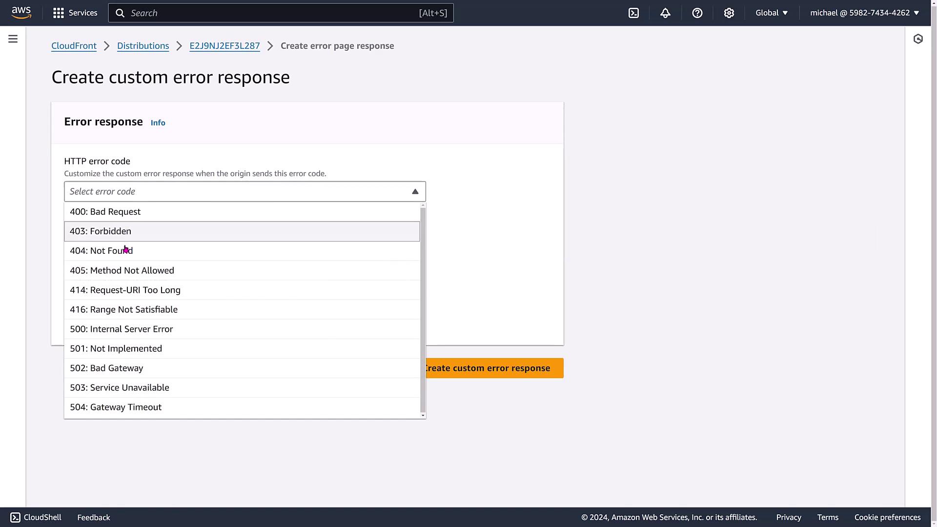 The image shows an AWS CloudFront interface for creating a custom error response, with a dropdown menu listing various HTTP error codes like 400, 403, and 404.