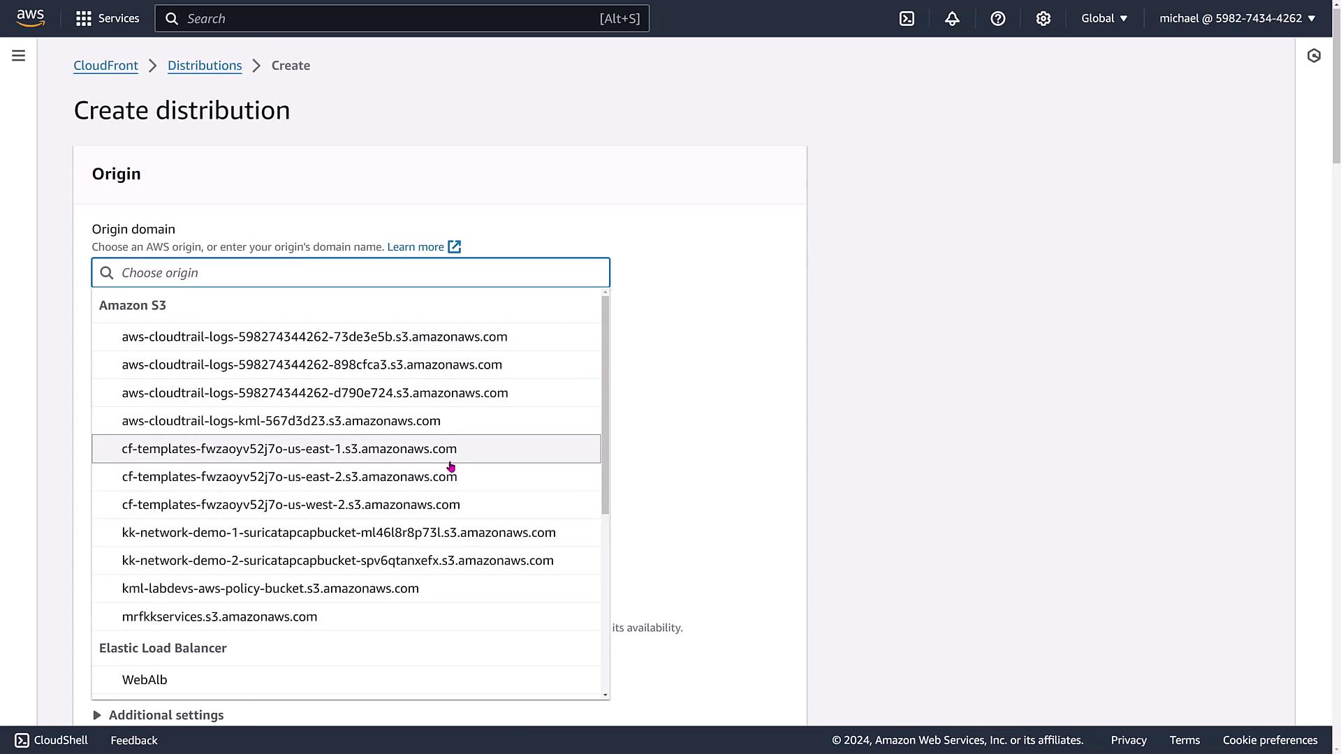 The image shows an AWS CloudFront interface where a user is creating a distribution and selecting an origin domain from a list of Amazon S3 buckets.