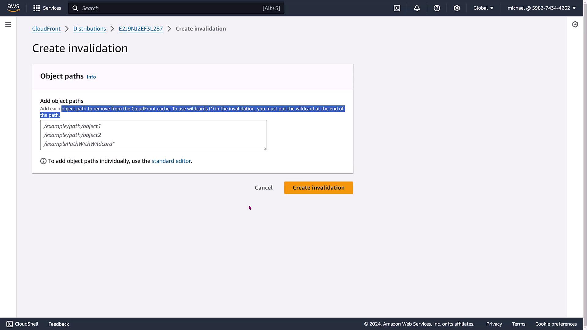The image shows an AWS CloudFront interface for creating an invalidation, where users can add object paths to remove from the cache. There are options to cancel or create the invalidation.