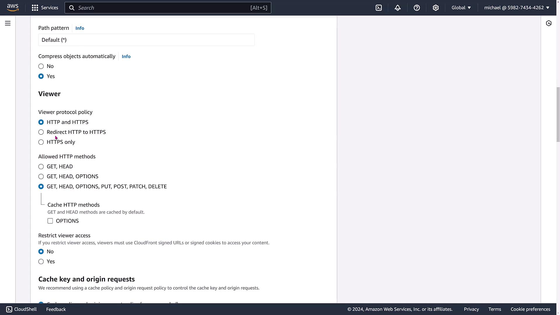 The image shows an AWS CloudFront settings page, where options for viewer protocol policy and allowed HTTP methods are being configured.