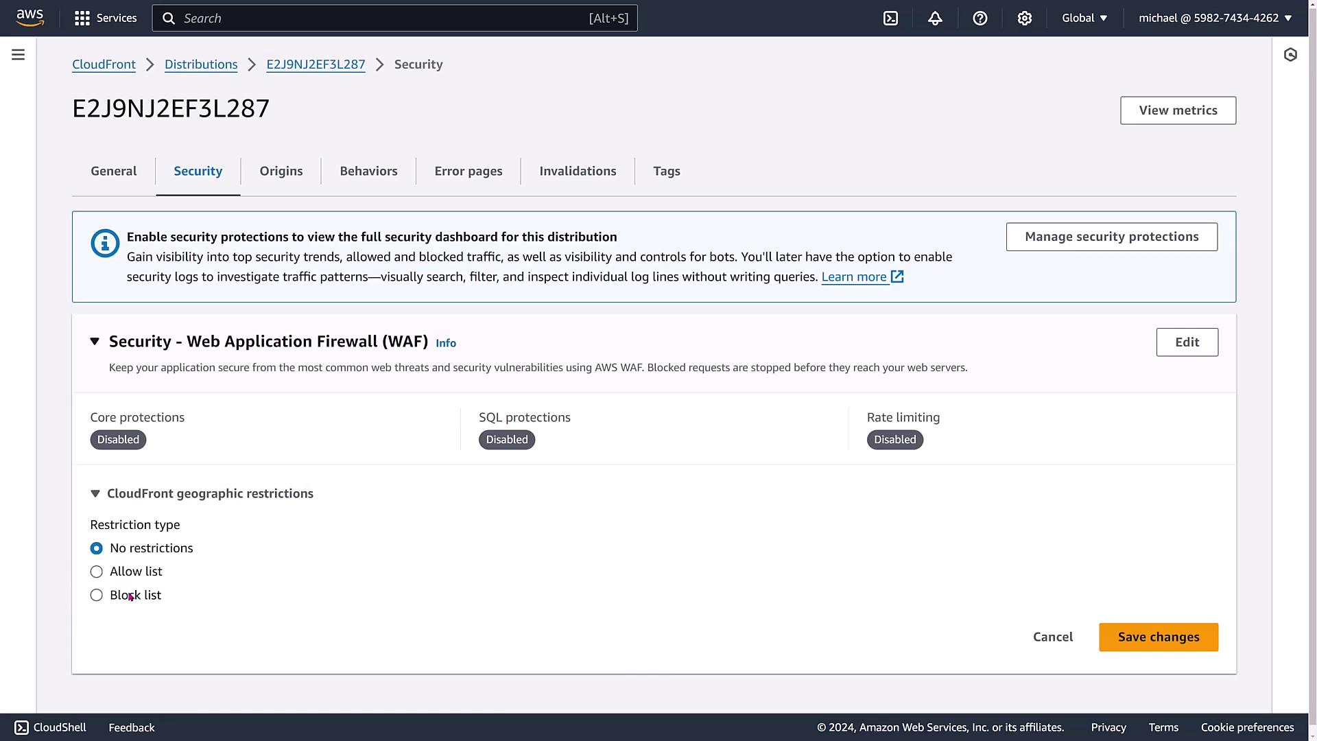 The image shows an AWS CloudFront security settings page, specifically for Web Application Firewall (WAF) configurations, with options for core protections, SQL protections, and rate limiting, all currently disabled. There are also options for CloudFront geographic restrictions.