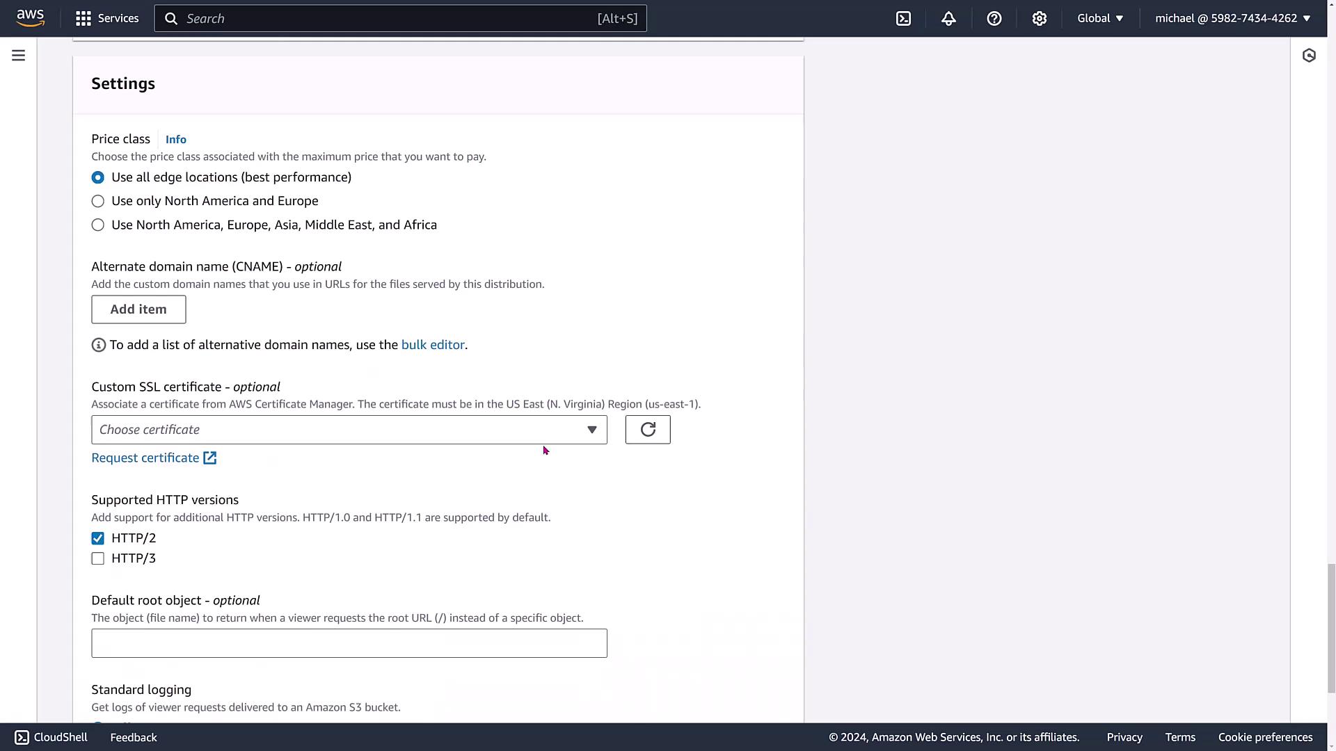 The image shows an AWS settings page for configuring a distribution, including options for price class, alternate domain names, custom SSL certificates, and supported HTTP versions.