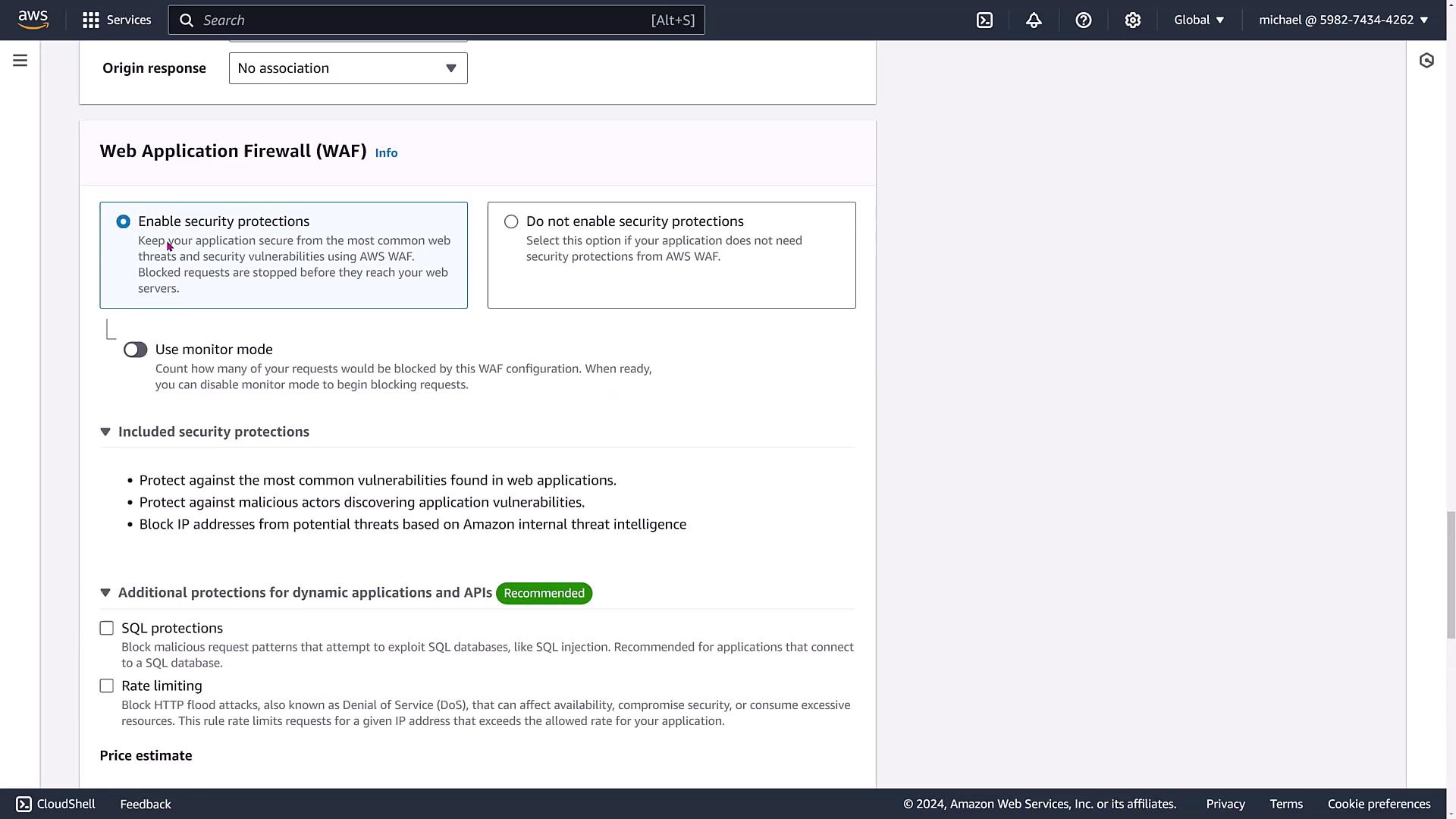 The image shows an AWS Web Application Firewall (WAF) configuration page, where security protections can be enabled or disabled, with options for additional protections like SQL and rate limiting.