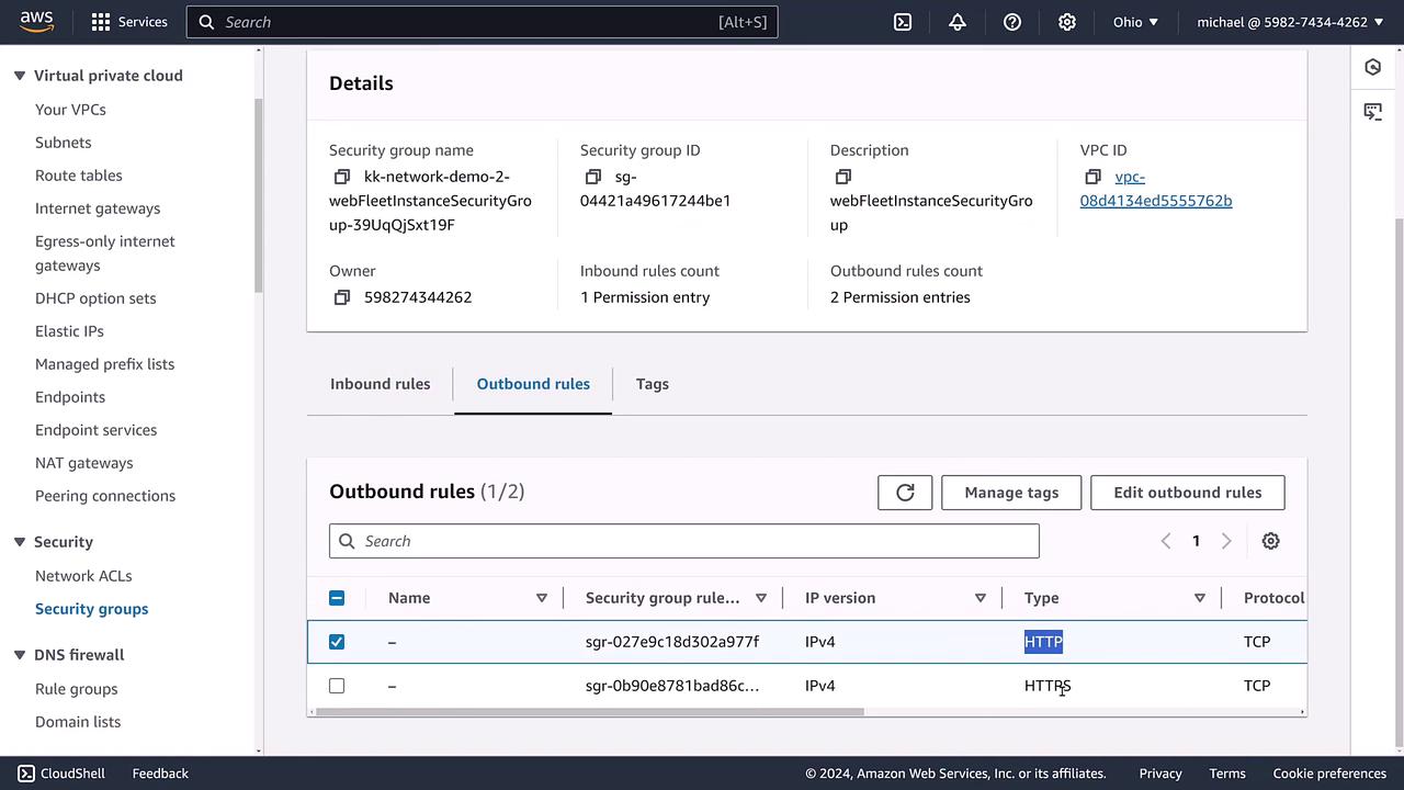 The image shows an AWS Management Console screen displaying details of a security group, including outbound rules for HTTP and HTTPS protocols.