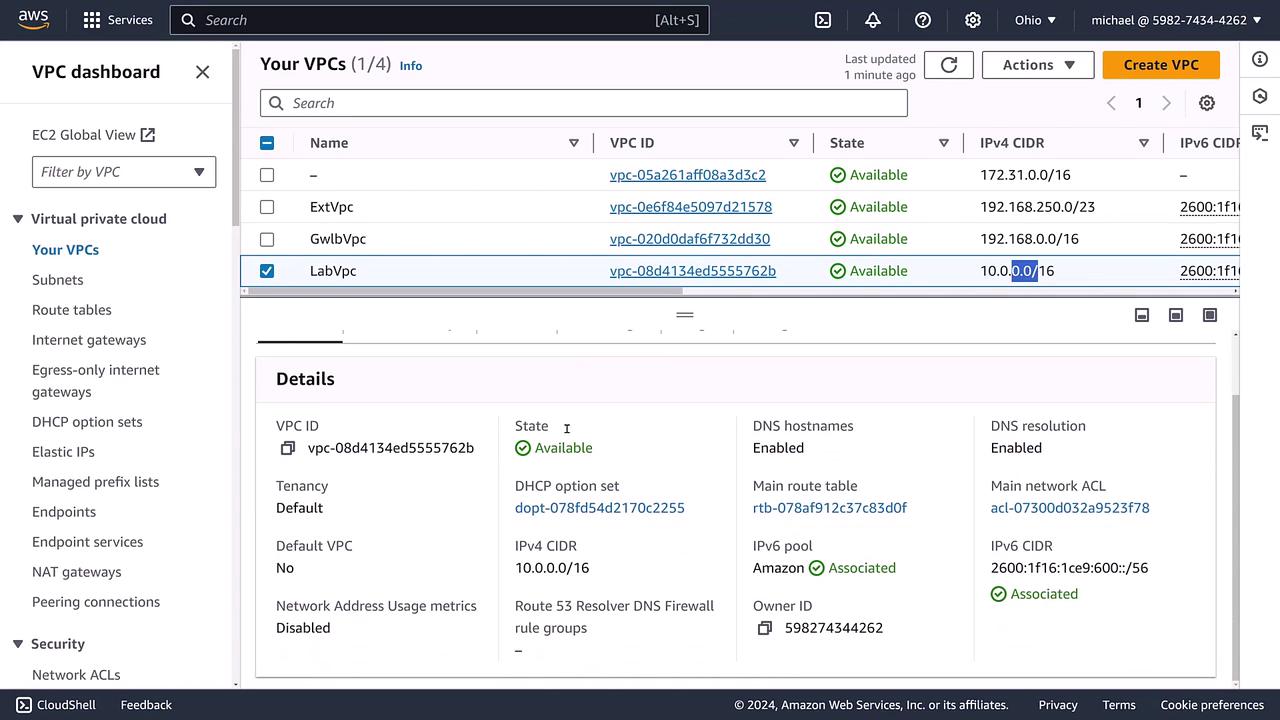 The image shows an AWS VPC dashboard displaying a list of Virtual Private Clouds (VPCs) with details such as VPC ID, state, and IP address ranges. The selected VPC is "LabVpc" with additional details shown below.