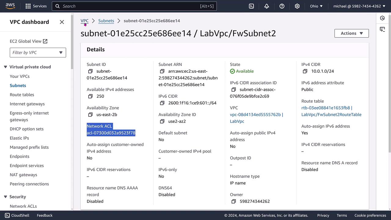 The image shows an AWS VPC dashboard displaying details of a specific subnet, including its ID, availability zone, IPv4 and IPv6 CIDR, and associated network ACL.