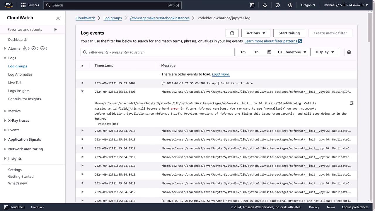 The image shows an AWS CloudWatch interface displaying log events for a Jupyter notebook instance, with timestamps and messages detailing various warnings and errors.