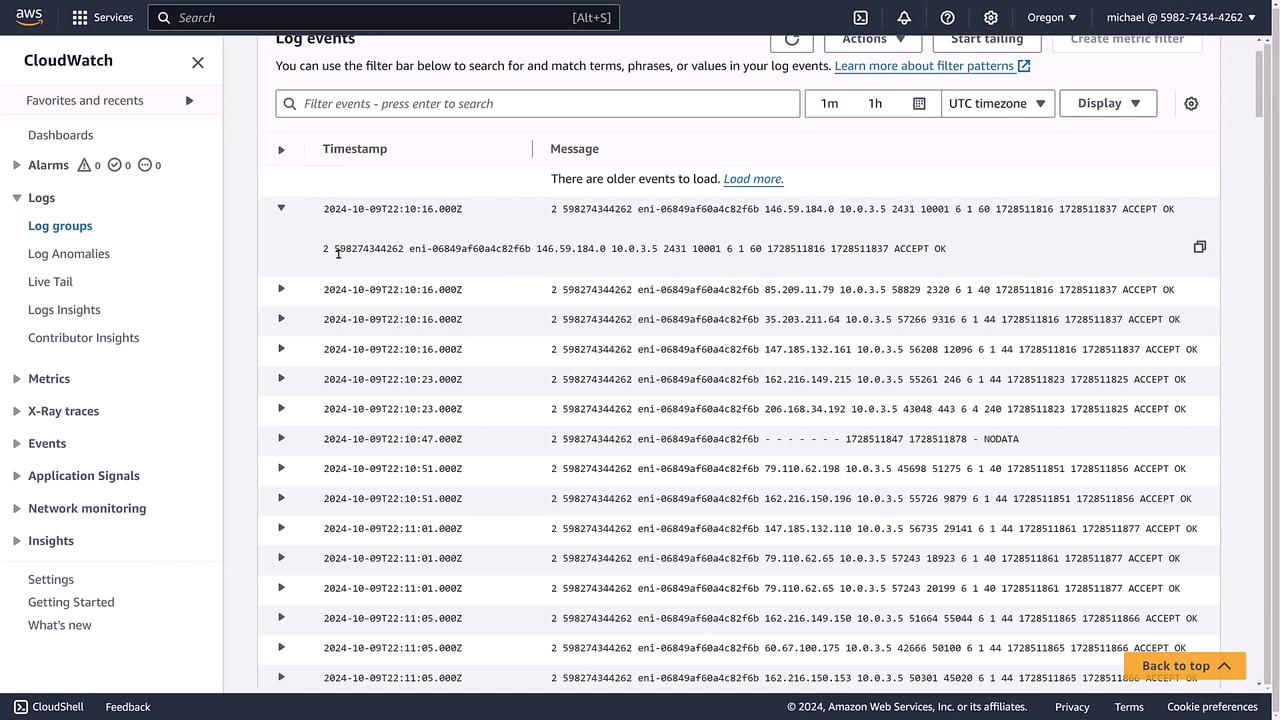 The image shows an AWS CloudWatch interface displaying log events with timestamps and messages, detailing network activity and status codes. The left sidebar includes navigation options like Log groups, Metrics, and Events.