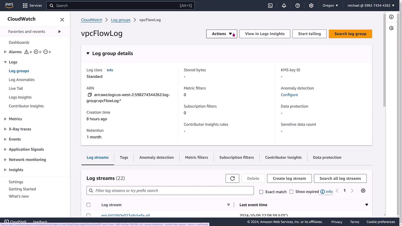 The image shows an AWS CloudWatch interface displaying details of a log group named "vpcFlowLog," including log class, ARN, creation time, and retention period. It also lists log streams and provides options for actions like viewing in Logs Insights and starting tailing.