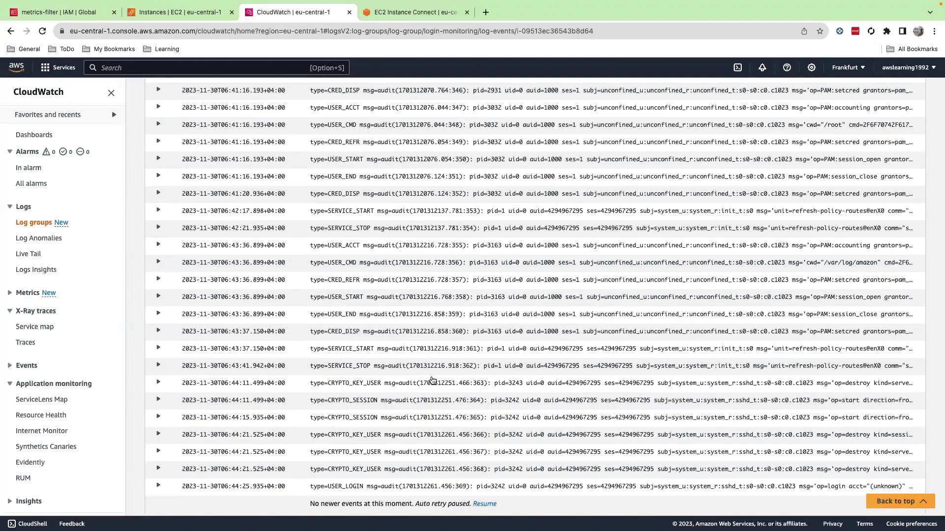 The image shows an AWS CloudWatch console displaying a list of log events with timestamps and various log types. The interface includes navigation options on the left and a detailed log view on the right.
