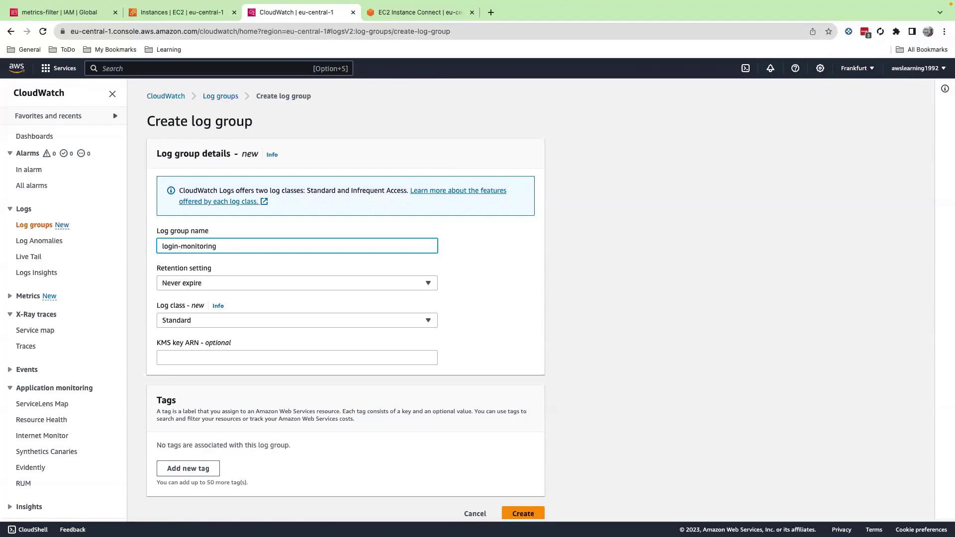 The image shows an AWS CloudWatch interface for creating a new log group, with fields for log group name, retention setting, and log class. The log group name is set to "login-monitoring," and there are options for adding tags.