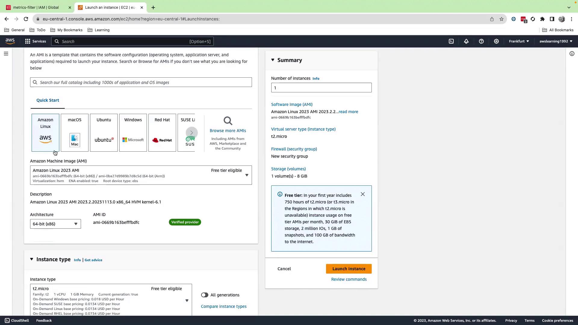 The image shows an AWS EC2 console interface for launching an instance, with options for selecting an Amazon Machine Image (AMI) and instance type. The summary section on the right provides details about the selected configuration.