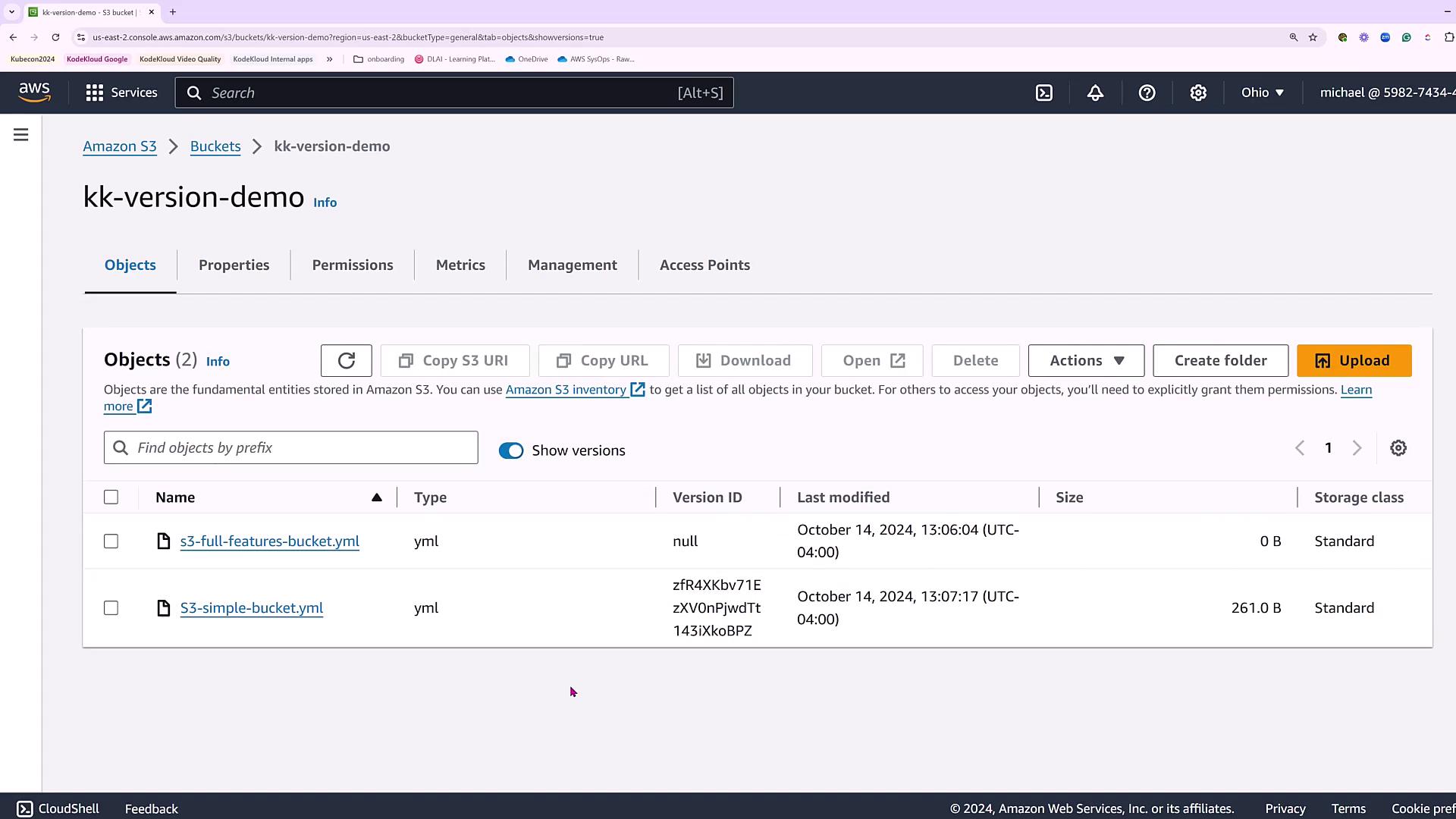 The image shows an Amazon S3 bucket interface with two YAML files listed, displaying their names, version IDs, last modified dates, sizes, and storage classes.