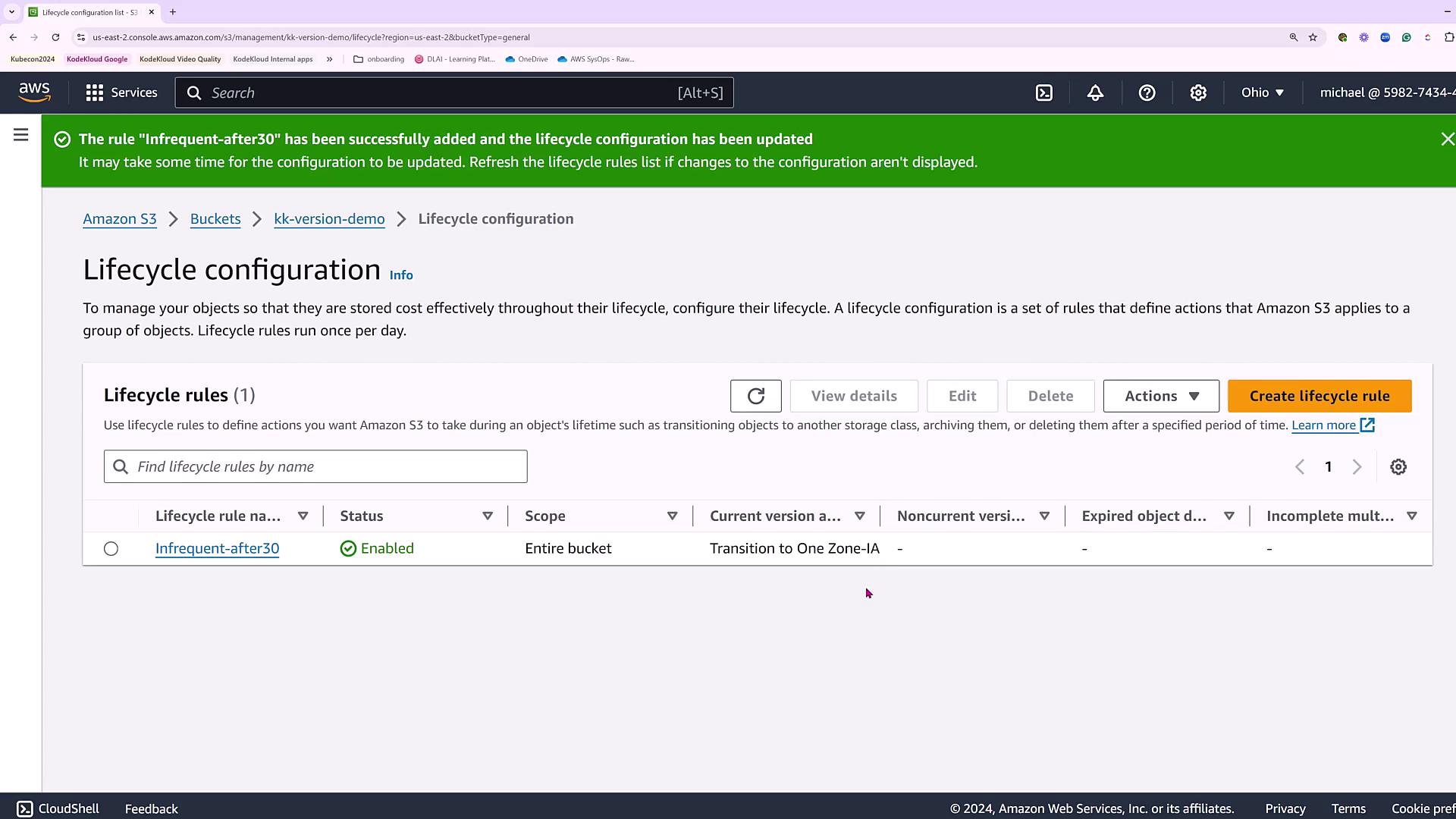The image shows an Amazon S3 console page displaying a lifecycle configuration for managing object storage. It includes a rule named "Infrequent-after30" that is enabled for transitioning objects to a different storage class.