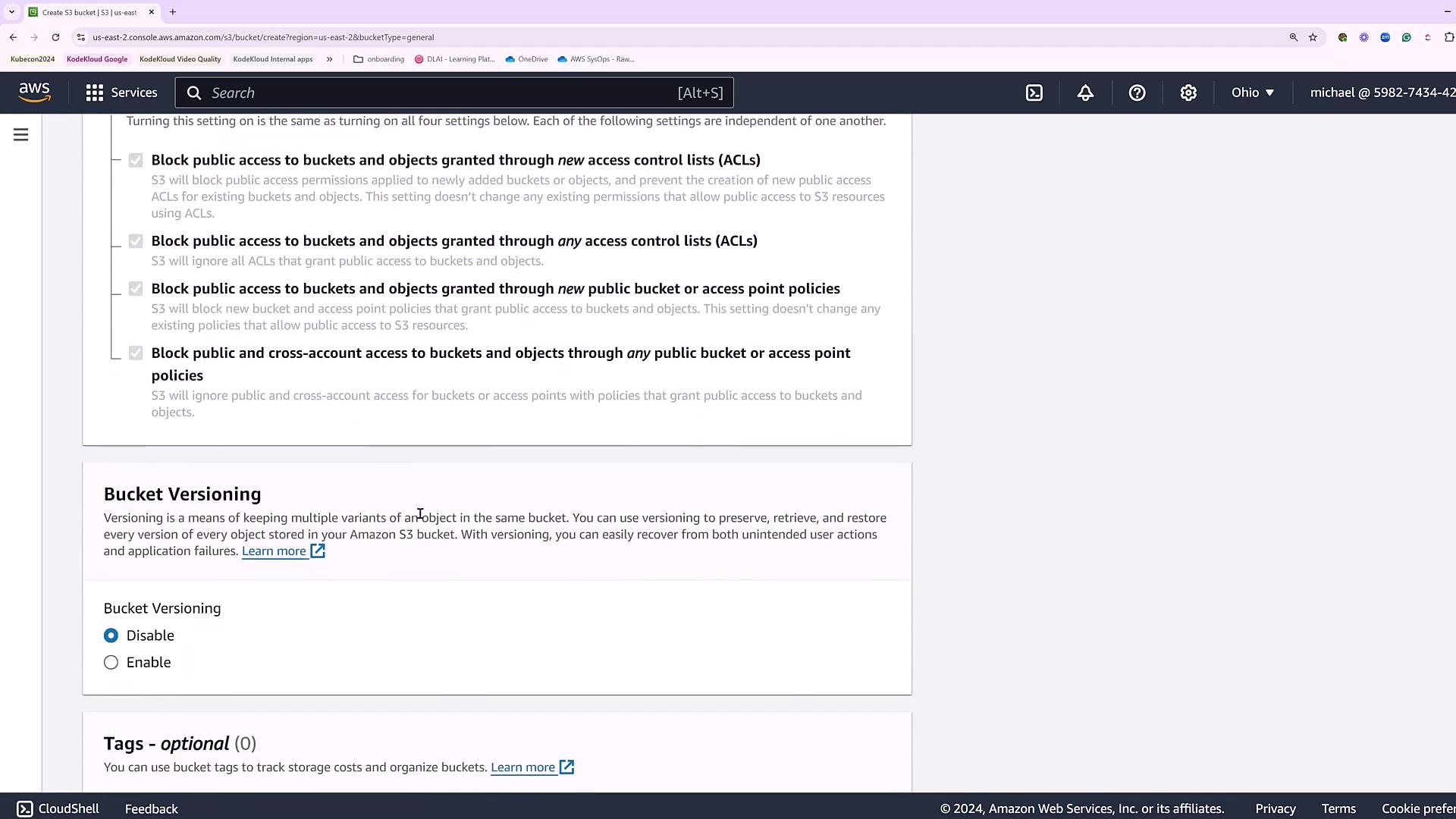 The image shows an AWS S3 console page with options for blocking public access to buckets and objects, and settings for bucket versioning.