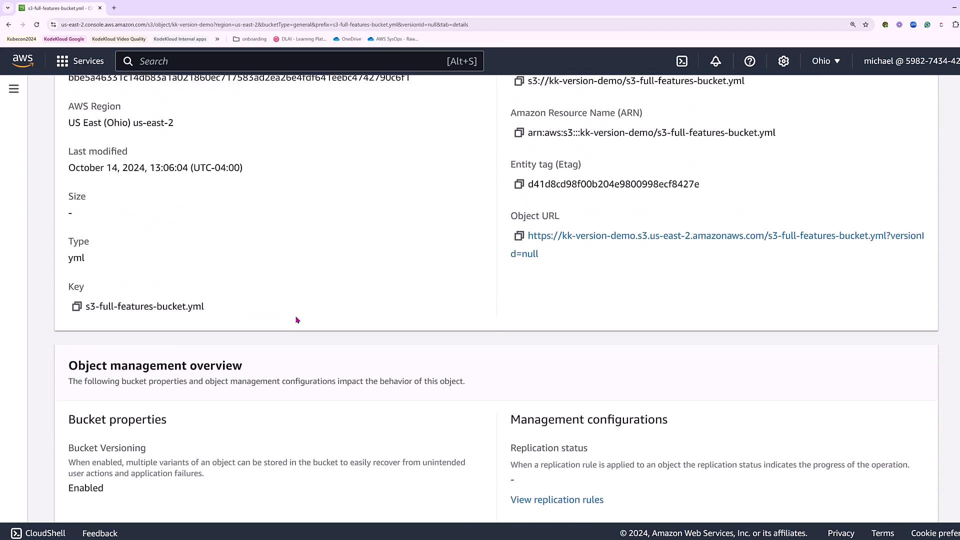 The image shows an AWS S3 console displaying details of an object named "s3-full-features-bucket.yml" in the US East (Ohio) region, with information about its ARN, Etag, and object URL. The bucket versioning is enabled, and there are sections for object management overview and management configurations.
