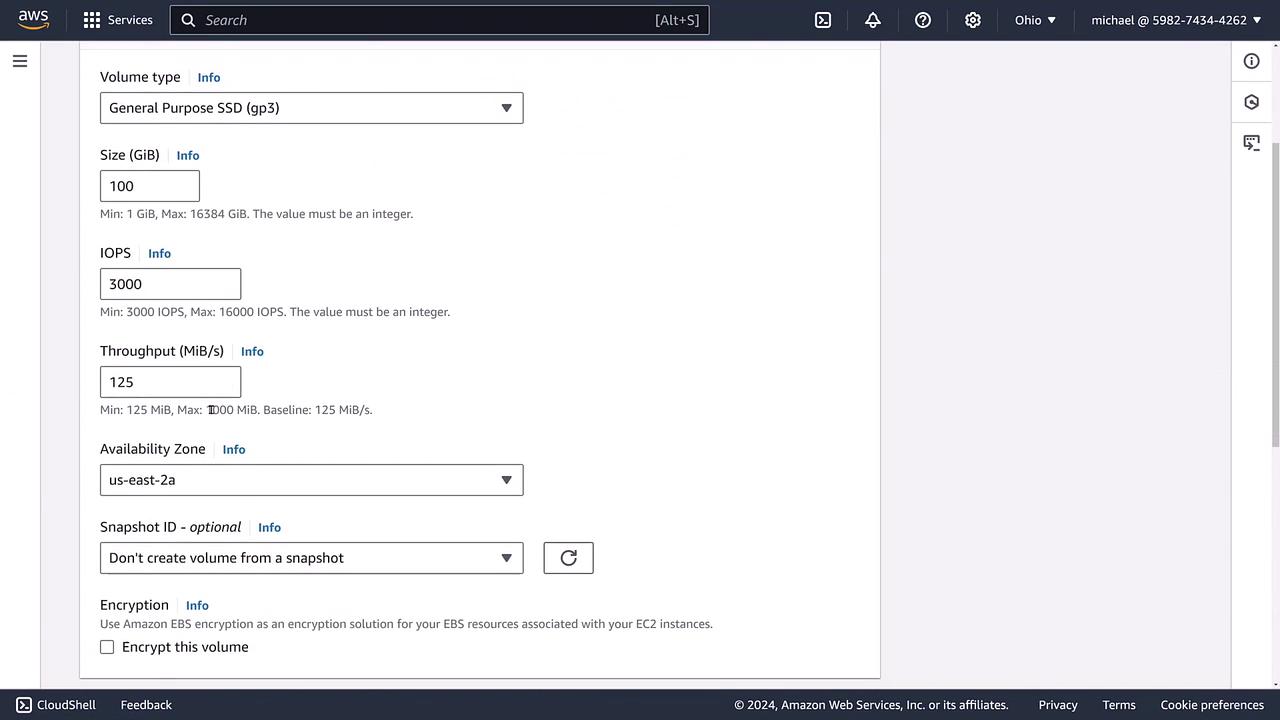 The image shows an AWS console screen for configuring an EBS volume, with options for volume type, size, IOPS, throughput, availability zone, snapshot ID, and encryption.
