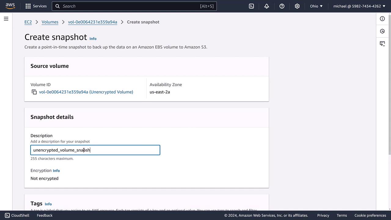 The image shows an AWS interface for creating a snapshot of an unencrypted EBS volume, with fields for volume ID, availability zone, and description.