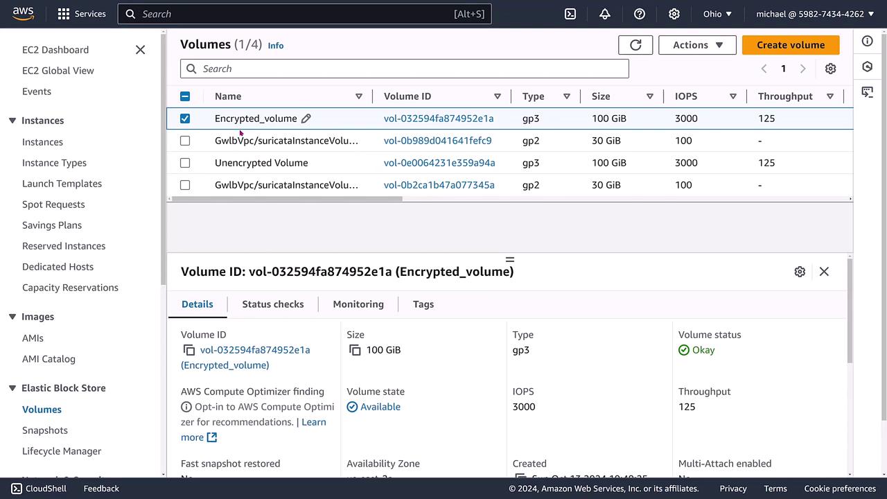 The image shows an AWS EC2 dashboard displaying a list of Elastic Block Store (EBS) volumes, including details like volume ID, type, size, IOPS, and throughput. The selected volume is an encrypted one with specific attributes highlighted.