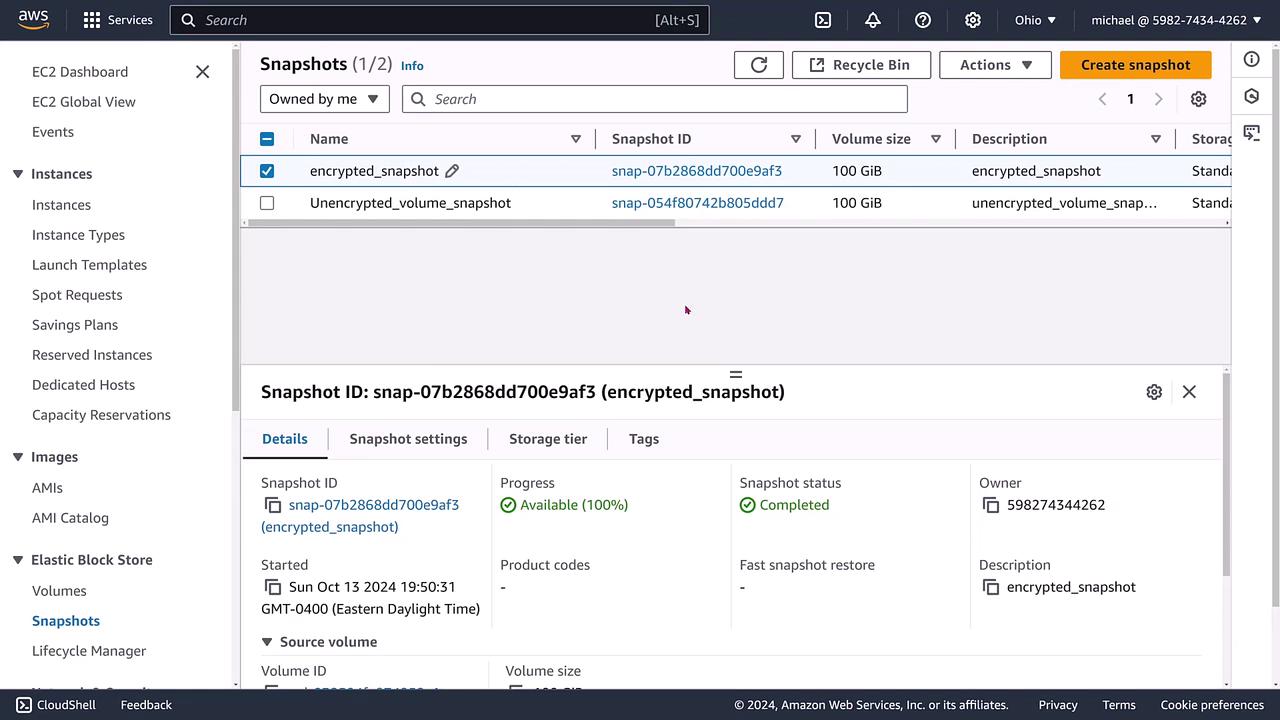 The image shows an AWS EC2 console displaying a list of snapshots, including an encrypted snapshot with details such as snapshot ID, volume size, and status. The interface includes options for managing instances and storage.