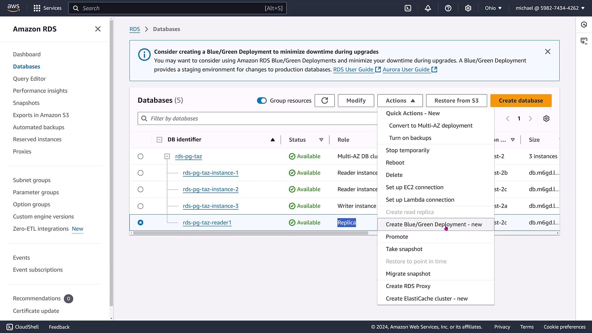 The image shows an Amazon RDS dashboard with a list of databases and a dropdown menu displaying various actions like creating a Blue/Green Deployment.