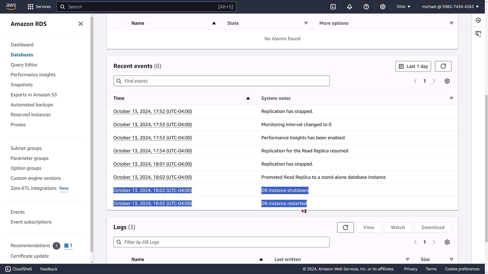 The image shows an Amazon RDS dashboard displaying recent events and logs related to database activities, such as replication status and instance shutdowns and restarts.