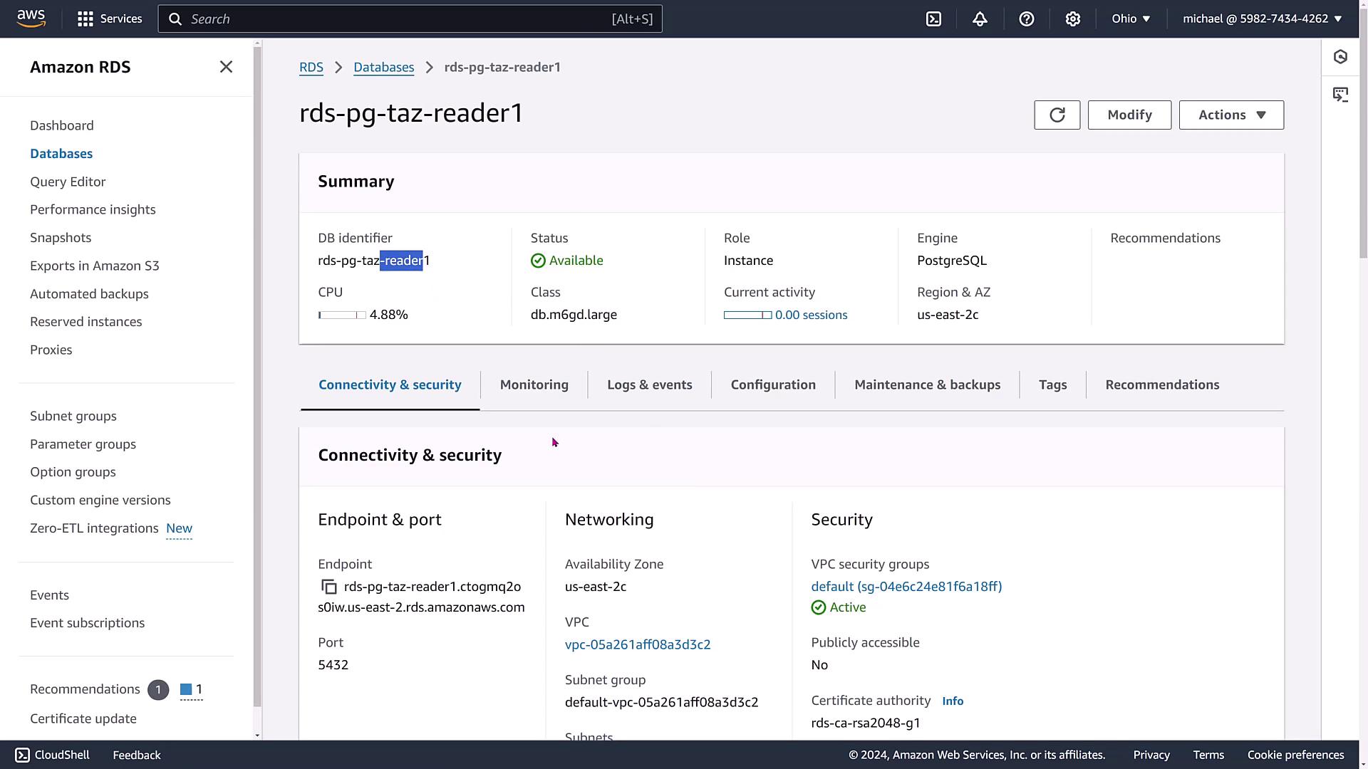 The image shows an Amazon RDS dashboard displaying details of a PostgreSQL database instance named "rds-pg-taz-reader1," including its status, CPU usage, and connectivity information.