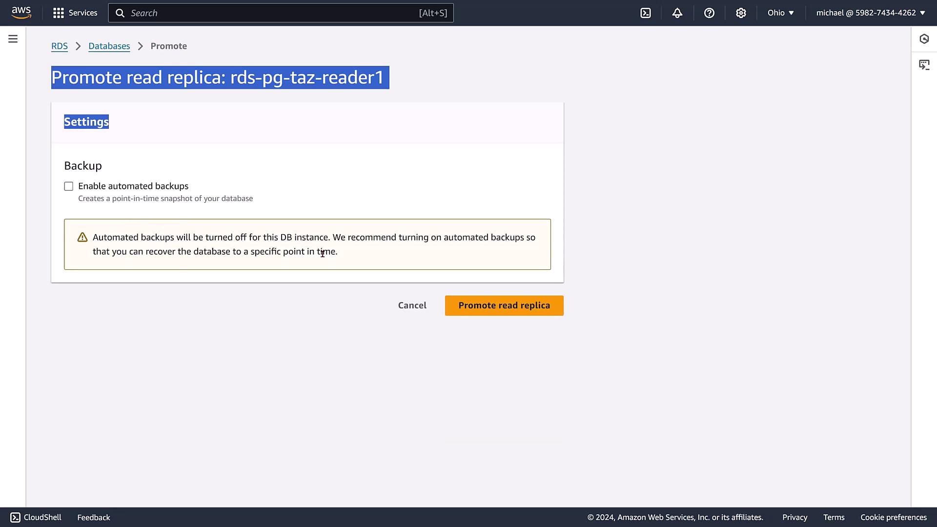 The image shows an AWS interface for promoting a read replica database, with an option to enable automated backups and a warning about backups being turned off.