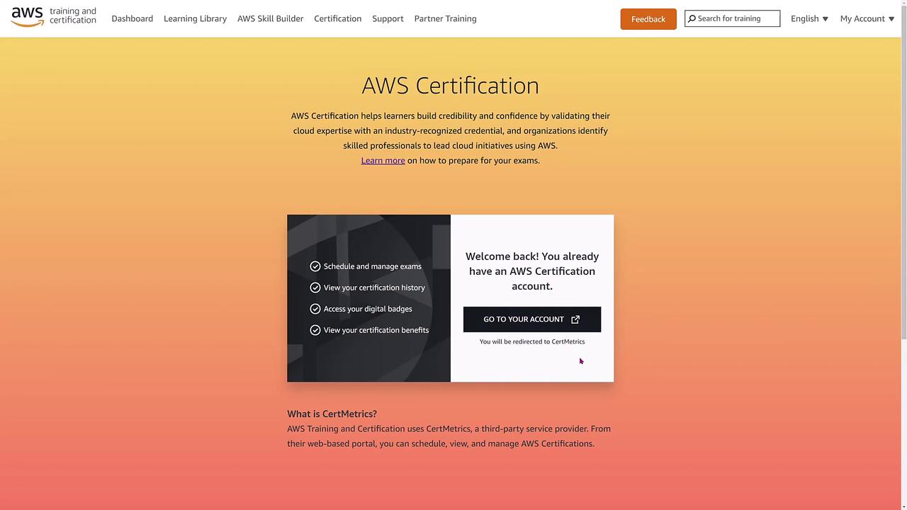 The image is a webpage for AWS Certification, detailing how it helps validate cloud expertise and offering options to manage certification accounts through CertMetrics.