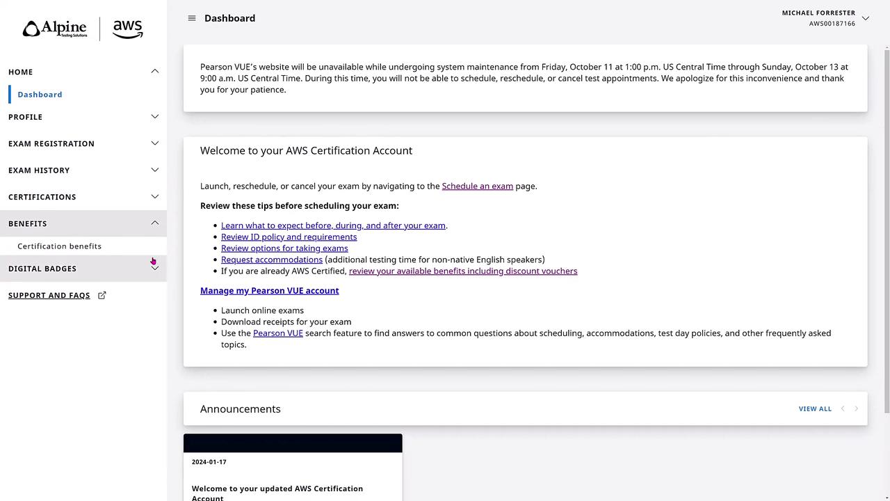 The image shows a dashboard for an AWS Certification account, including navigation options and a notice about Pearson VUE's website maintenance.