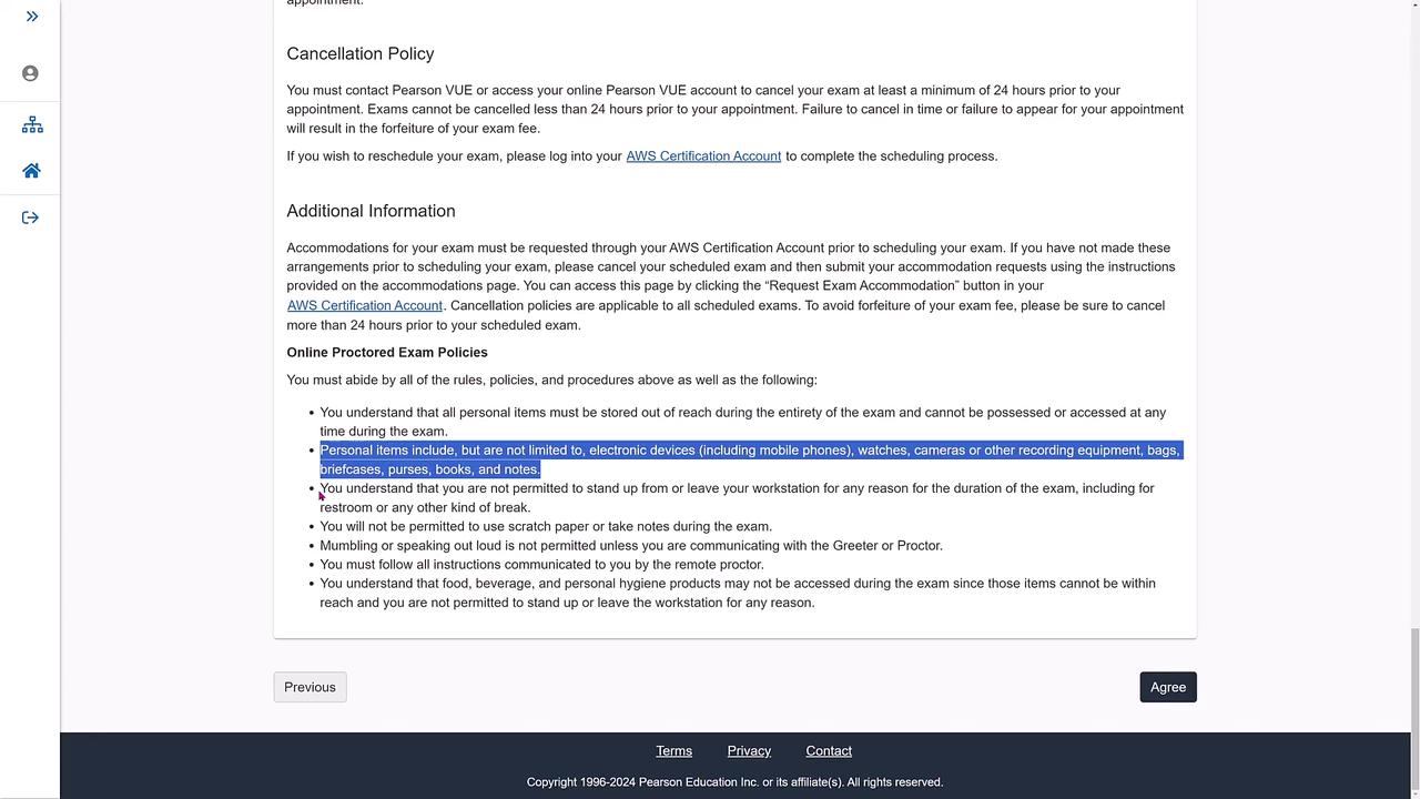 The image contains text detailing the cancellation policy and online proctored exam policies for AWS Certification exams, including rules about personal items and exam conduct.
