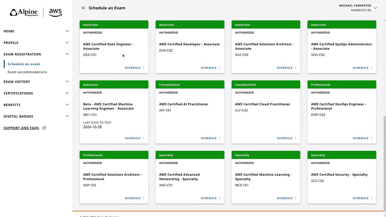 The image shows a webpage for scheduling AWS certification exams, listing various exams like AWS Certified Data Engineer, Developer, and Solutions Architect, with options to schedule each one.
